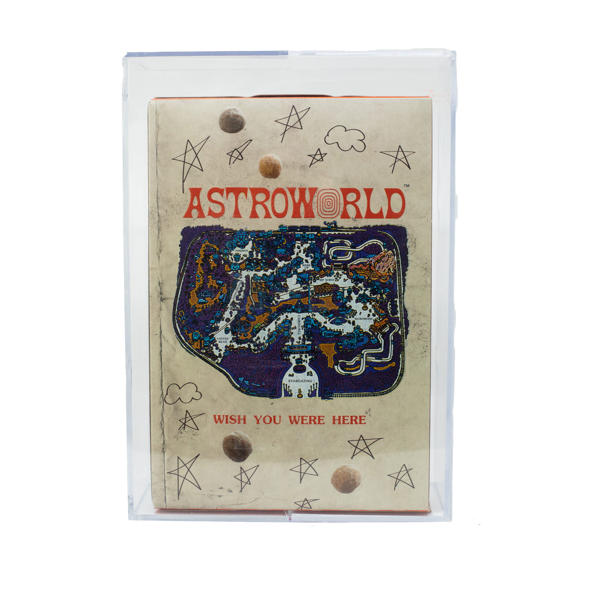 TRAVIS SCOTT REESE'S PUFFS CEREAL LIMITED EDITION BOX W/ ACRYLIC CASE (NOT FIT FOR HUMAN CONSUMPTION)