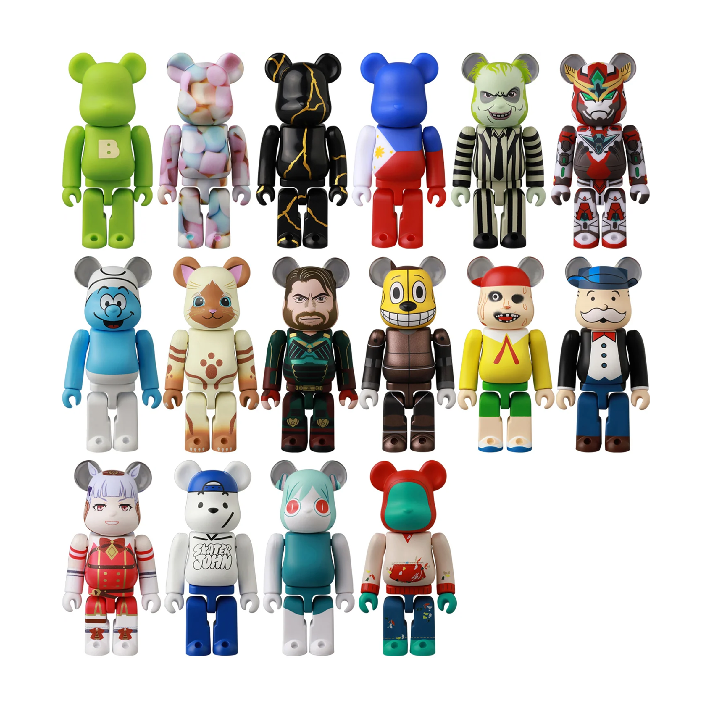 Collection of colorful bear-like action figures with various designs on a white background