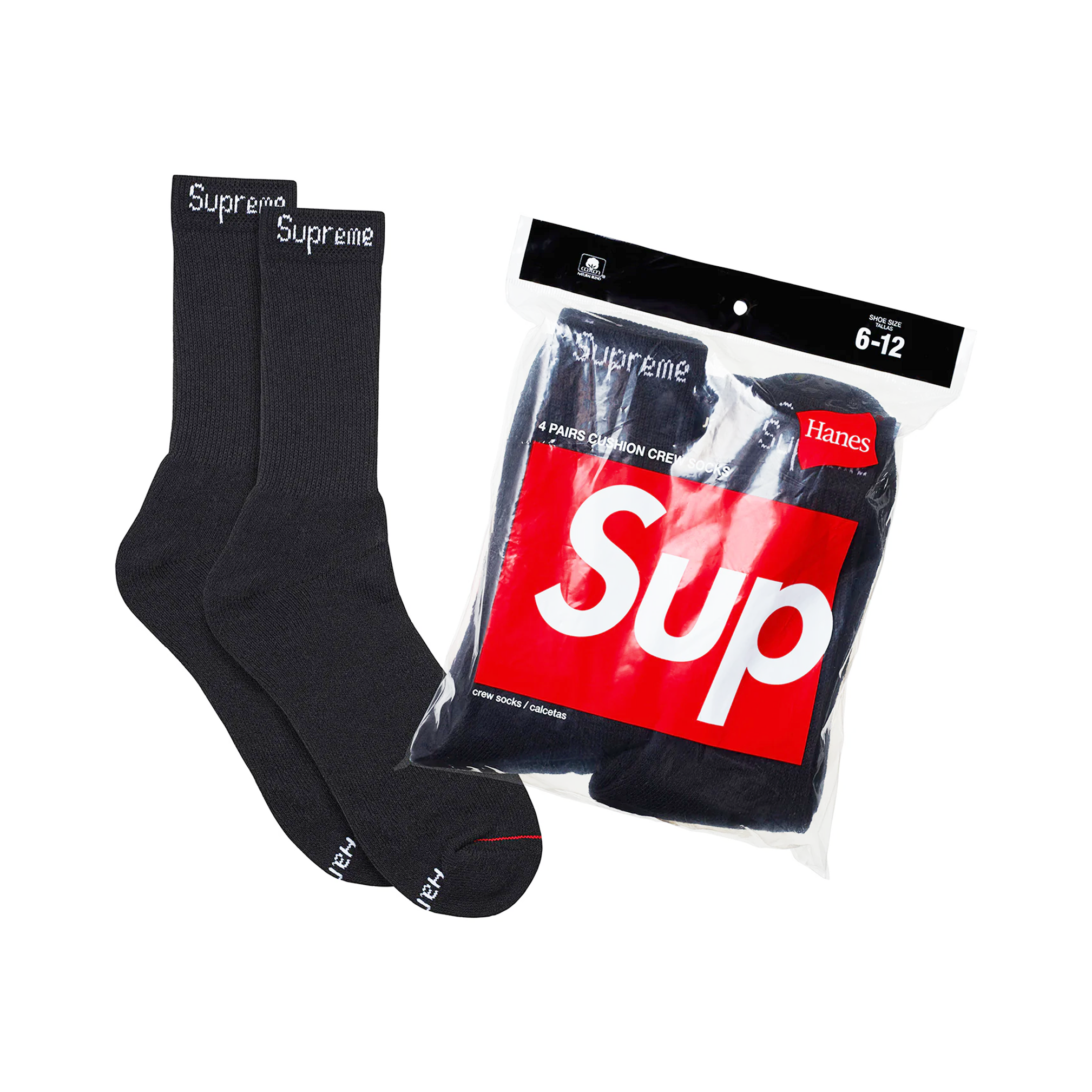 SUPREME HANES CREW SOCKS (4 PACK) BLACK