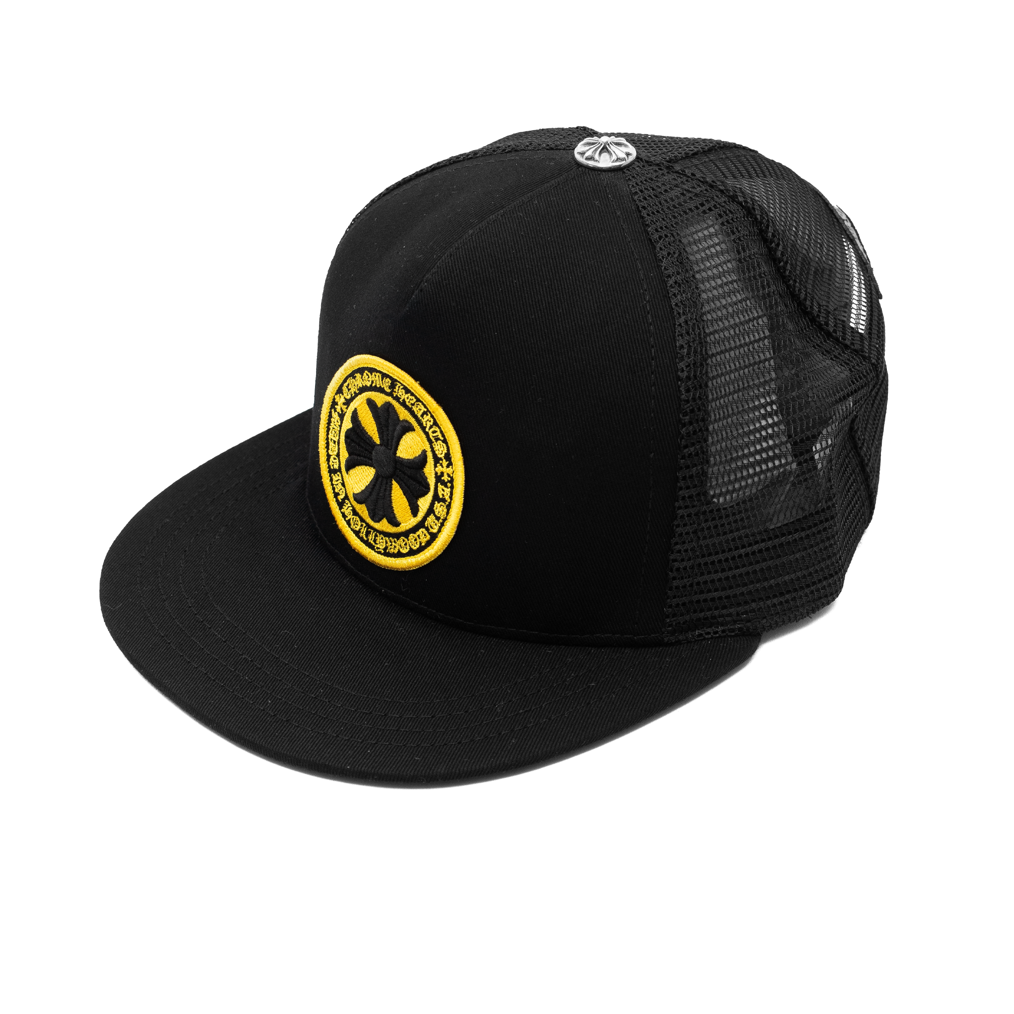 CHROME HEARTS PLUS CROSS SEAL STAMP TRUCKER HAT BLACK