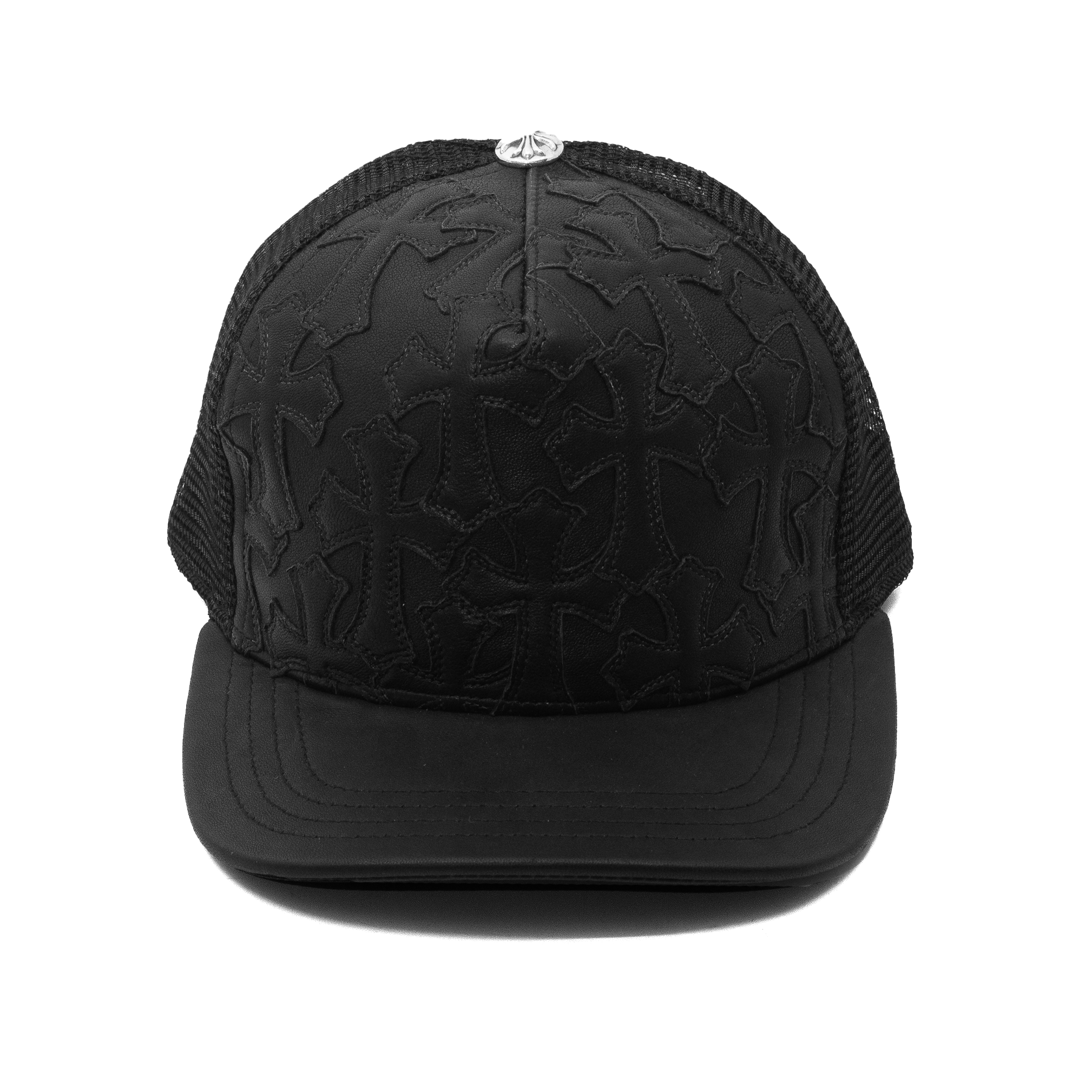 CHROME HEARTS CEMETERY CROSS LEATHER STITCHED TRUCKER HAT BLACK