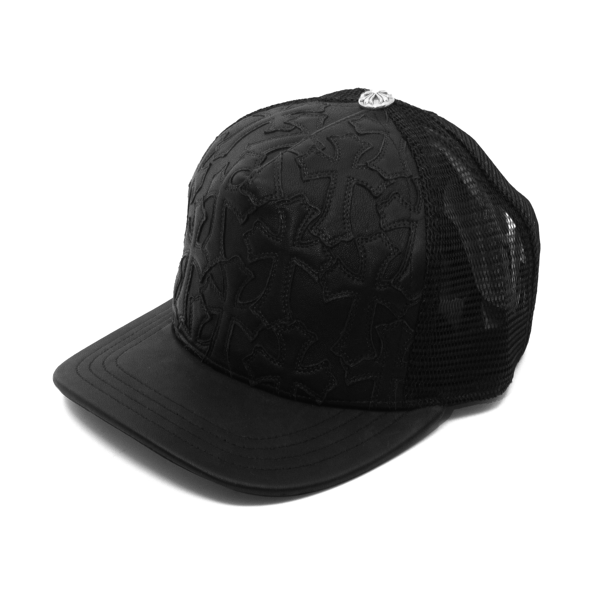 CHROME HEARTS CEMETERY CROSS LEATHER STITCHED TRUCKER HAT BLACK