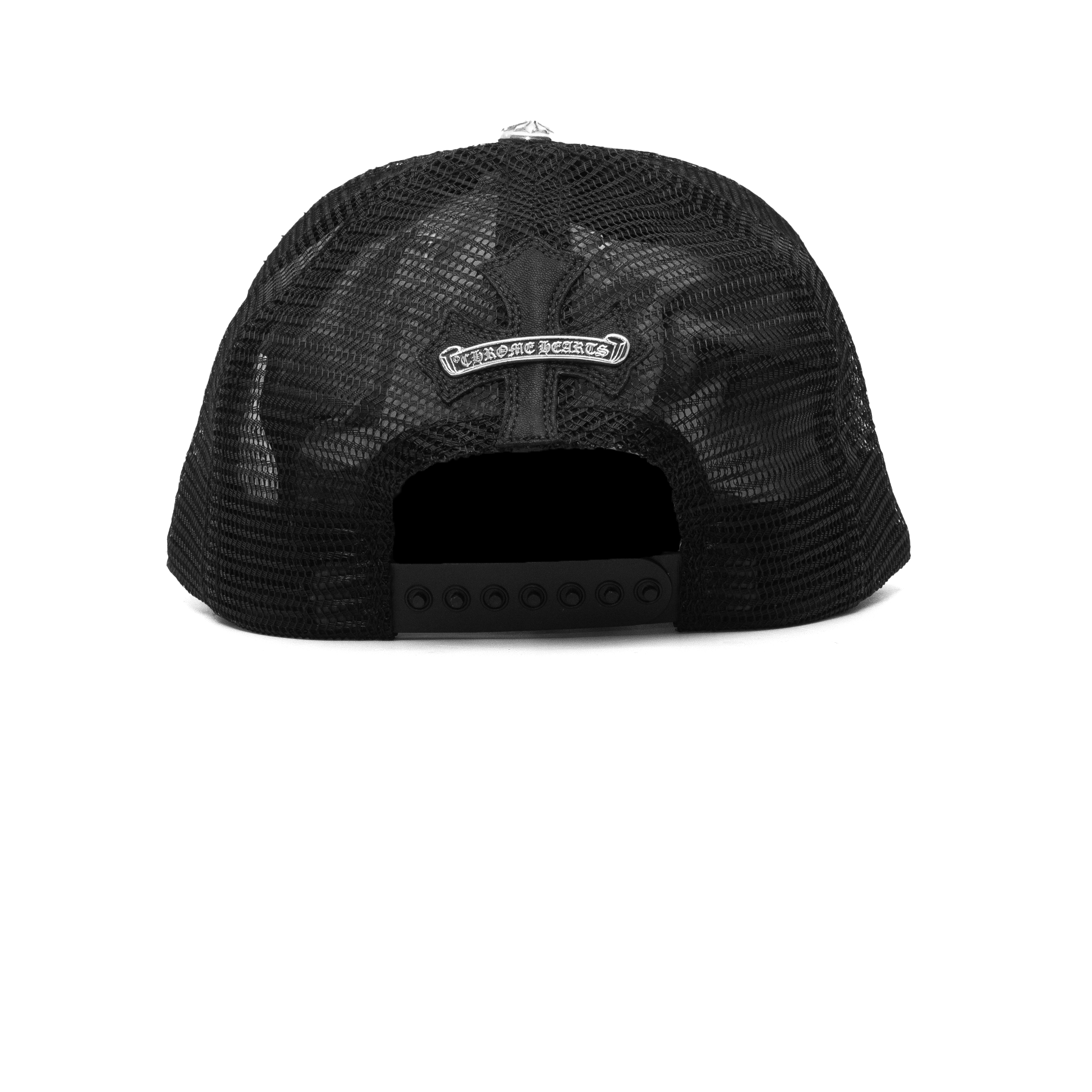 CHROME HEARTS CEMETERY CROSS LEATHER STITCHED TRUCKER HAT BLACK