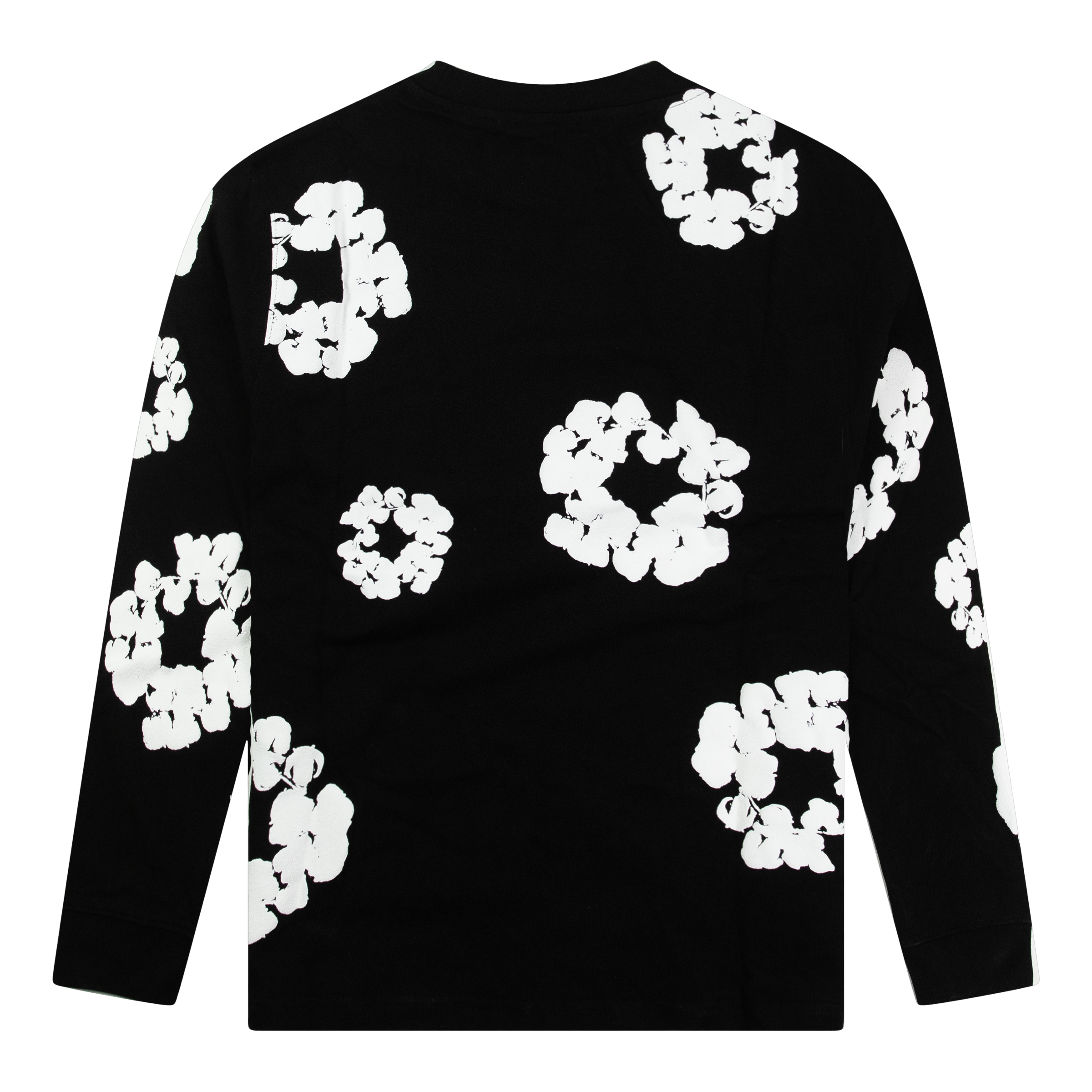 Black sweater with white floral patterns on a white background