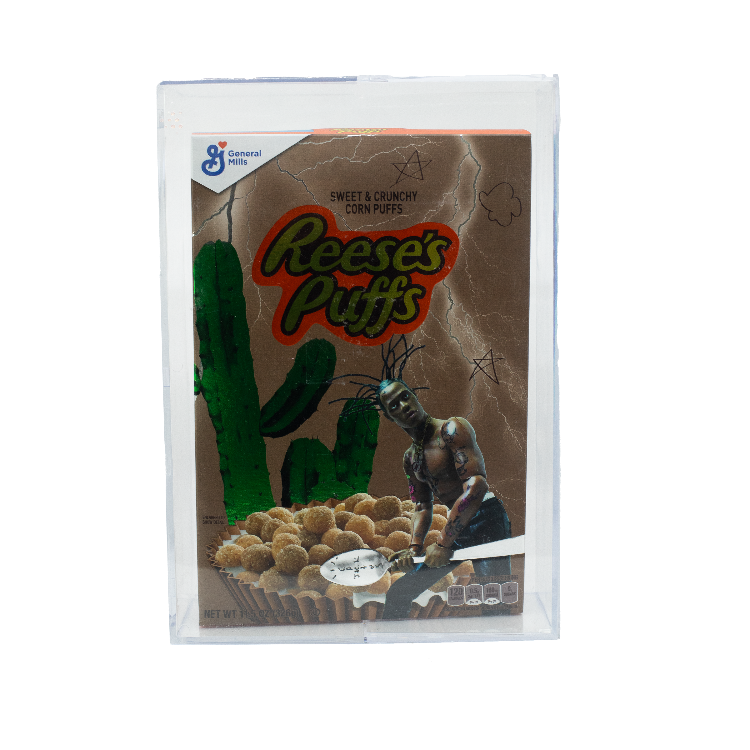 TRAVIS SCOTT REESE'S PUFFS CEREAL LIMITED EDITION BOX W/ ACRYLIC CASE (NOT FIT FOR HUMAN CONSUMPTION)