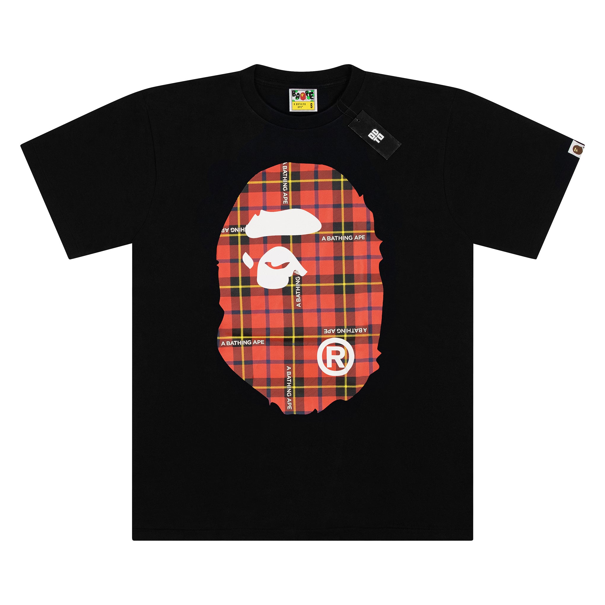 BAPE 徽标格纹猿头 T 恤 黑色/红色